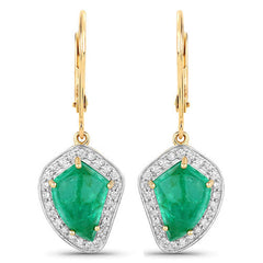 6.40 Carat Genuine Colombian Emerald and White Diamond 14K Yellow Gold Earrings