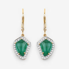 6.40 Carat Genuine Colombian Emerald and White Diamond 14K Yellow Gold Earrings