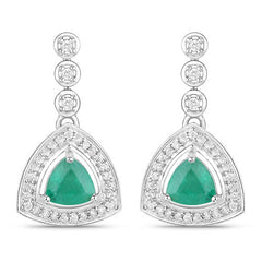 1.39 Carat Genuine Zambian Emerald and White Diamond 14K White Gold Earrings