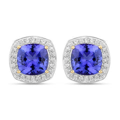 5.98 Carat Genuine Tanzanite and White Diamond 14K Yellow Gold Earrings