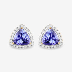 3.82 Carat Genuine Tanzanite and White Diamond 14K Yellow Gold Earrings