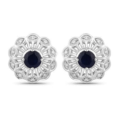 0.60 Carat Genuine Blue Sapphire and White Diamond 14K White Gold Earrings
