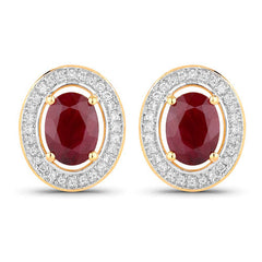 2.12 Carat Genuine Ruby and White Diamond 14K Yellow Gold Earrings