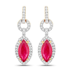 1.23 Carat Genuine Ruby and White Diamond 14K Yellow Gold Earrings