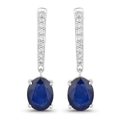3.24 Carat Genuine Blue Sapphire and White Diamond 14K White Gold Earrings