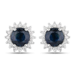 2.38 Carat Genuine Blue Sapphire and White Diamond 14K White Gold Earrings