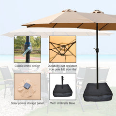 15x9ft Large Double-Sided Rectangular Outdoor Twin Patio Market Umbrella with Light and Base - Taupe