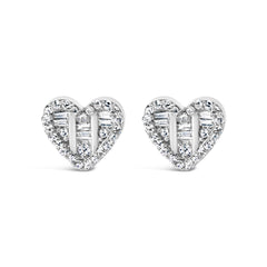 14K Yellow Gold Plated .925 Sterling Silver 1/2 Cttw Round and Baguette Diamond Composite Heart Shaped Stud Earring (I-J Color, SI2-I1 Clarity)