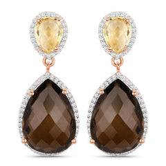 20.80 Carat Genuine Smoky Quartz and Citrine 925 Sterling Silver Earrings