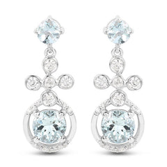 4.42 Carat Genuine Aquamarine and White Zircon .925 Sterling Silver Earrings
