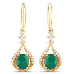 0.70 Carat Genuine Zambian Emerald and White Diamond 14K Yellow Gold Earrings
