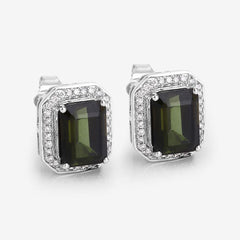 3.57 Carat Genuine Green Tourmaline and White Diamond 14K White Gold Earrings