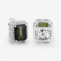 3.57 Carat Genuine Green Tourmaline and White Diamond 14K White Gold Earrings