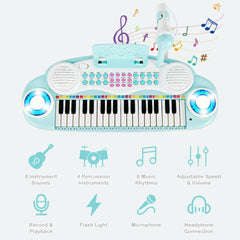 Multifunctional 37 Electric Keyboard Piano with Microphone-Blue