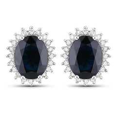 3.32 Carat Genuine Blue Sapphire and White Diamond 14K White Gold Earrings