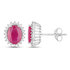3.14 Carat Genuine Ruby and White Diamond 14K White Gold Earrings