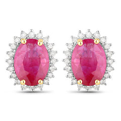 3.14 Carat Genuine Ruby and White Diamond 14K Yellow Gold Earrings