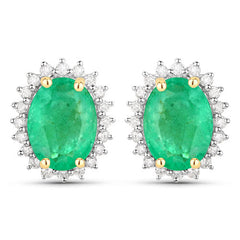 2.66 Carat Genuine Zambian Emerald and White Diamond 10K Yellow Gold Earrings