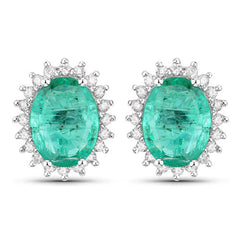 2.66 Carat Genuine Zambian Emerald and White Diamond 14K White Gold Earrings
