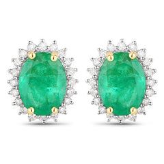 2.66 Carat Genuine Zambian Emerald and White Diamond 14K Yellow Gold Earrings