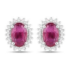 1.16 Carat Genuine Ruby and White Diamond 14K White Gold Earrings