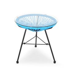 NUSA Modern Rattan Side Table with Tempered Glass Top in Blue