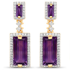 18K Yellow Gold Plated 6.01 Carat Genuine Emerald and White Topaz .925 Sterling Silver Earrings