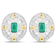 0.69 Carat Genuine Zambian Emerald and White Diamond .925 Sterling Silver Earrings