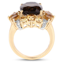 14K Yellow Gold Plated 7.10 Carat Genuine Smoky Quartz, Citrine & White Topaz Brass Ring