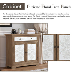 Rustic Vintage Accent Cabinet with Carved Floral Panels