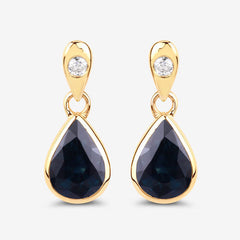 1.65 Carat Genuine Blue Sapphire and White Diamond 10K Yellow Gold Earrings