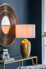 D15x25.7' Round Aluminum Sheet Gold Table Lamp with White Fabric Shade