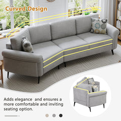 111" Upholstered 3-Seater Sofa with Curved Design and Two Printed Pillows