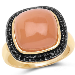 14K Yellow Gold Plated 7.50 ct. t.w. Peach Moonstone and Black Spinel Ring in Sterling Silver