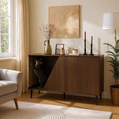 Cat Furniture 2 IN 1 Modern Walnut Cabinet Side Table With Spring-Loaded Door