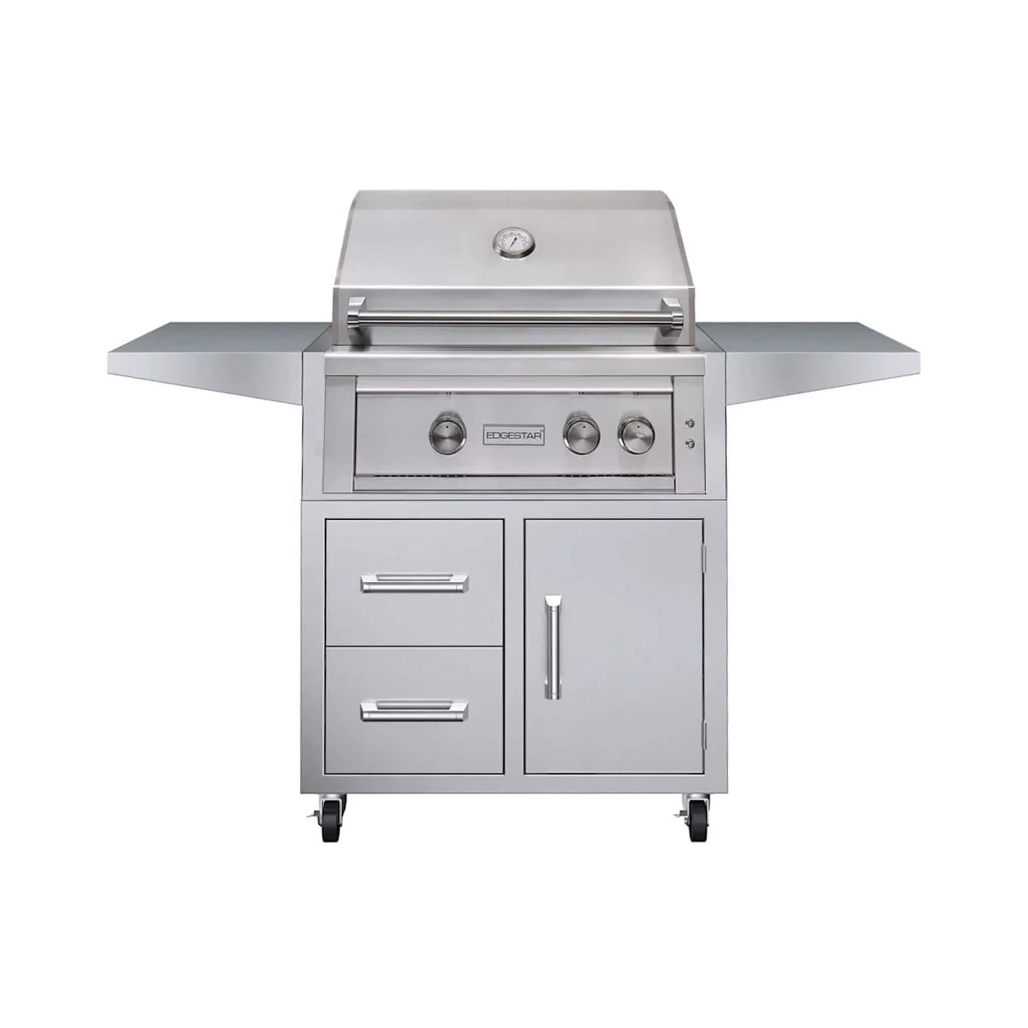 30-Inch 60K BTU Freestanding Gas Grill with Rotisserie featuring sleek stainless steel design and two side shelves.