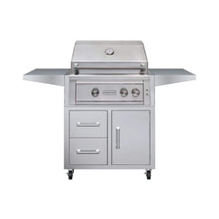 30-Inch 60K BTU Freestanding Gas Grill with Rotisserie featuring sleek stainless steel design and two side shelves.