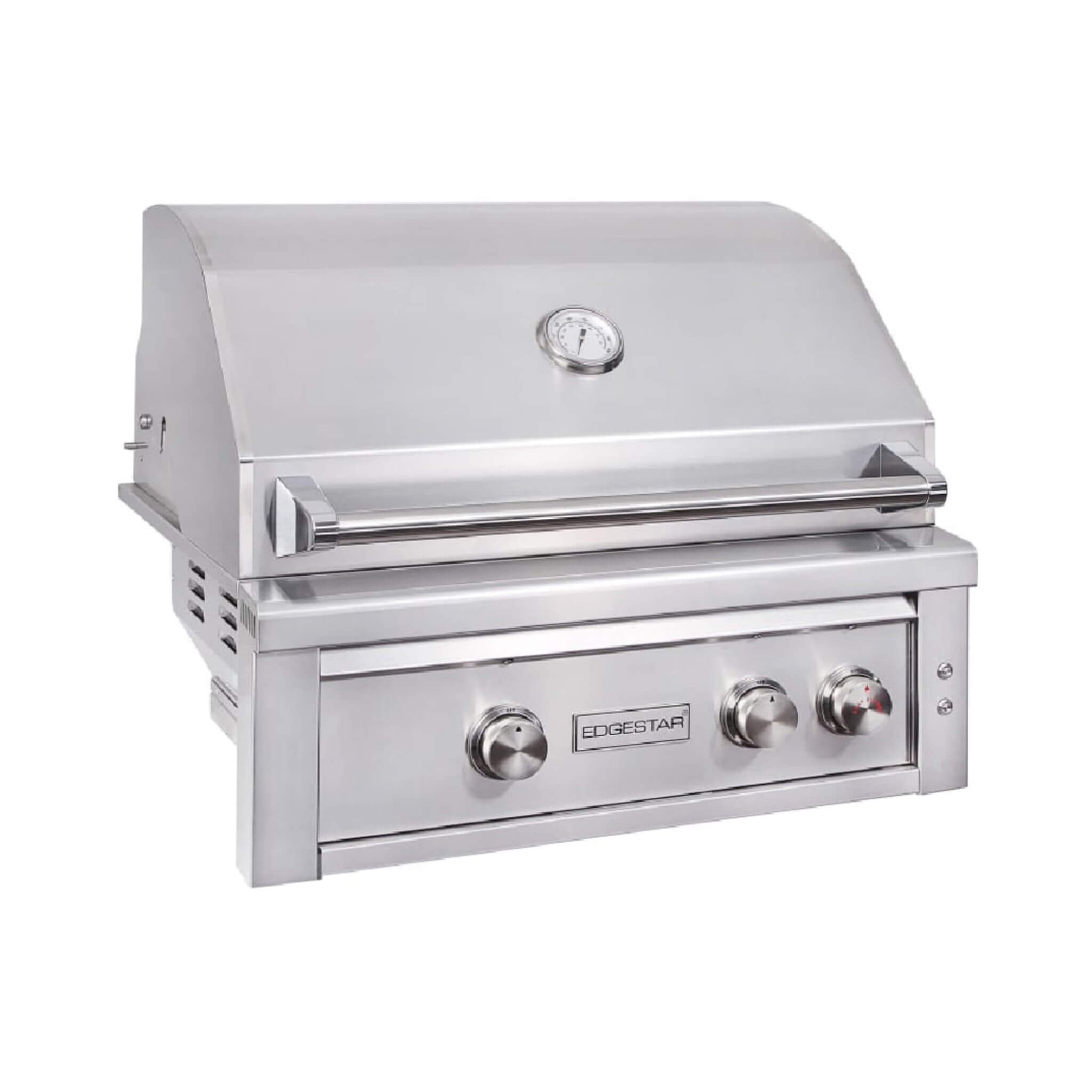 30-Inch 60K BTU Freestanding Gas Grill with Rotisserie in stainless steel design with side burners and lid