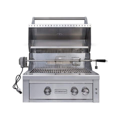 30-Inch 60K BTU Freestanding Gas Grill with Rotisserie front view showcasing burners and rotisserie.