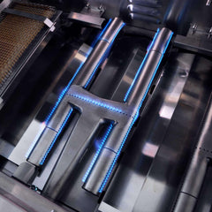 30-Inch 60K BTU Freestanding Gas Grill with Rotisserie burners in action, showcasing blue flame and high-performance features.