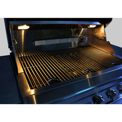 30-Inch 60K BTU Freestanding Gas Grill with Rotisserie interior featuring stainless steel grates and interior lights.