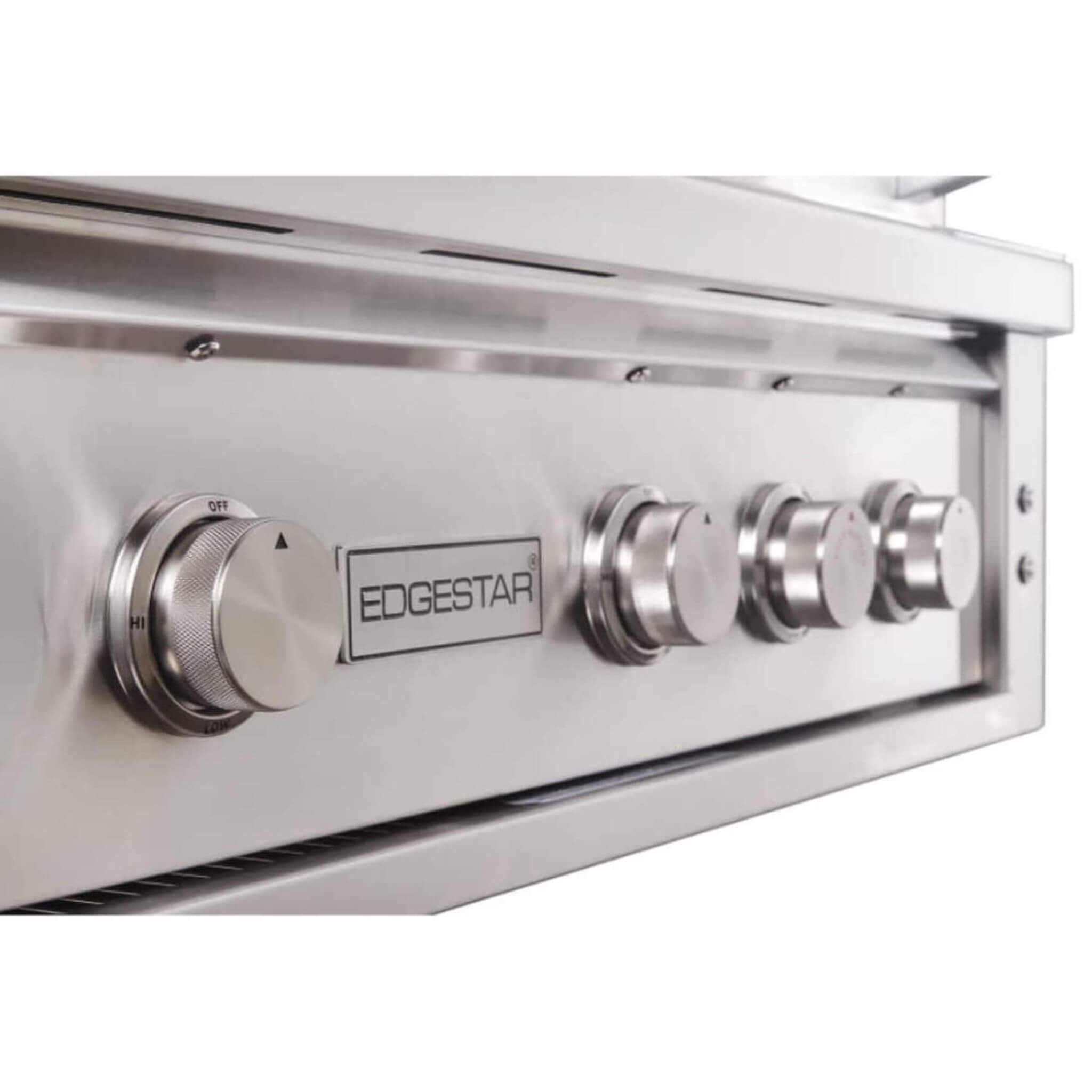 30-Inch 60K BTU Freestanding Gas Grill with Rotisserie control knobs illuminated with blue LED lights.