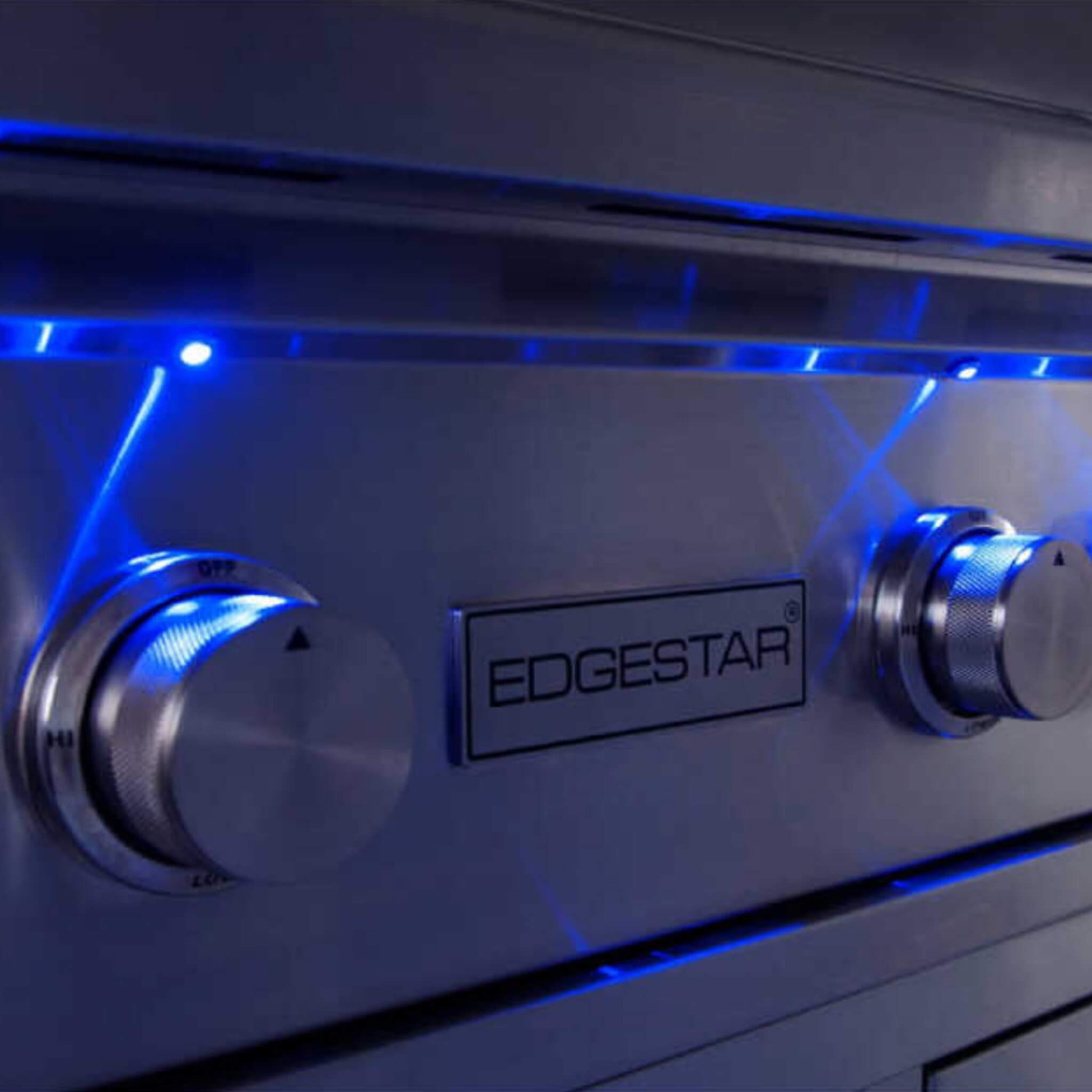 30-Inch 60K BTU Freestanding Gas Grill with Rotisserie control knobs illuminated with blue LED lights.