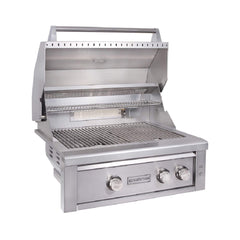 30-Inch 60K BTU Freestanding Gas Grill with Rotisserie open and ready for outdoor cooking.