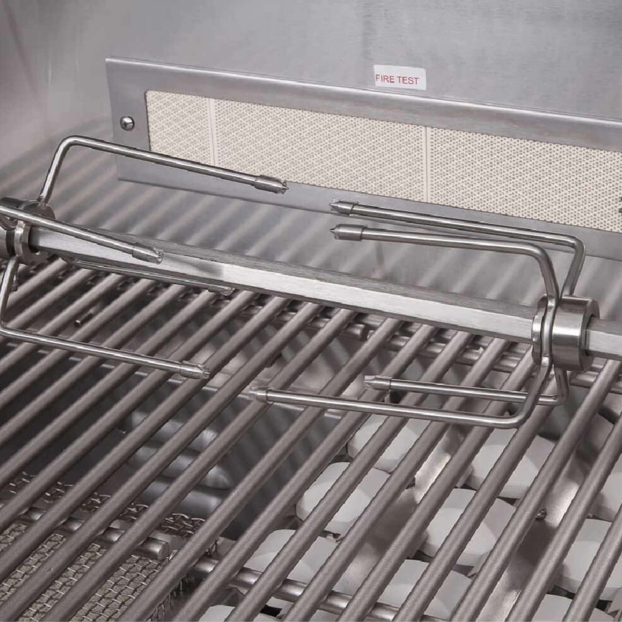 30-Inch 60K BTU Freestanding Gas Grill with Rotisserie control knobs illuminated with blue LED lights.