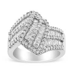 14K White Gold 1-1/2 Cttw Round and Baguette Diamond Bypass Cocktail Ring Band (H-I Color, SI1-SI2 Clarity) - Size 7