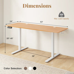 Electric Standing Desk with 3 Memory Heights and 2 Hanging Hooks and Cable Holes-Natural