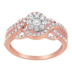 10K Rose Gold 3/4 Cttw Diamond Floral Cluster Head and Twisted Shank Cocktail Ring (H-I Color, SI1-SI2 Clarity)- Size 7