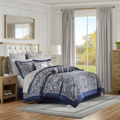 12 Piece Comforter Set with Cotton Bed Sheets Navy Queen