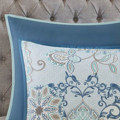 8 Piece Cotton Floral Printed Reversible Comforter Set Blue